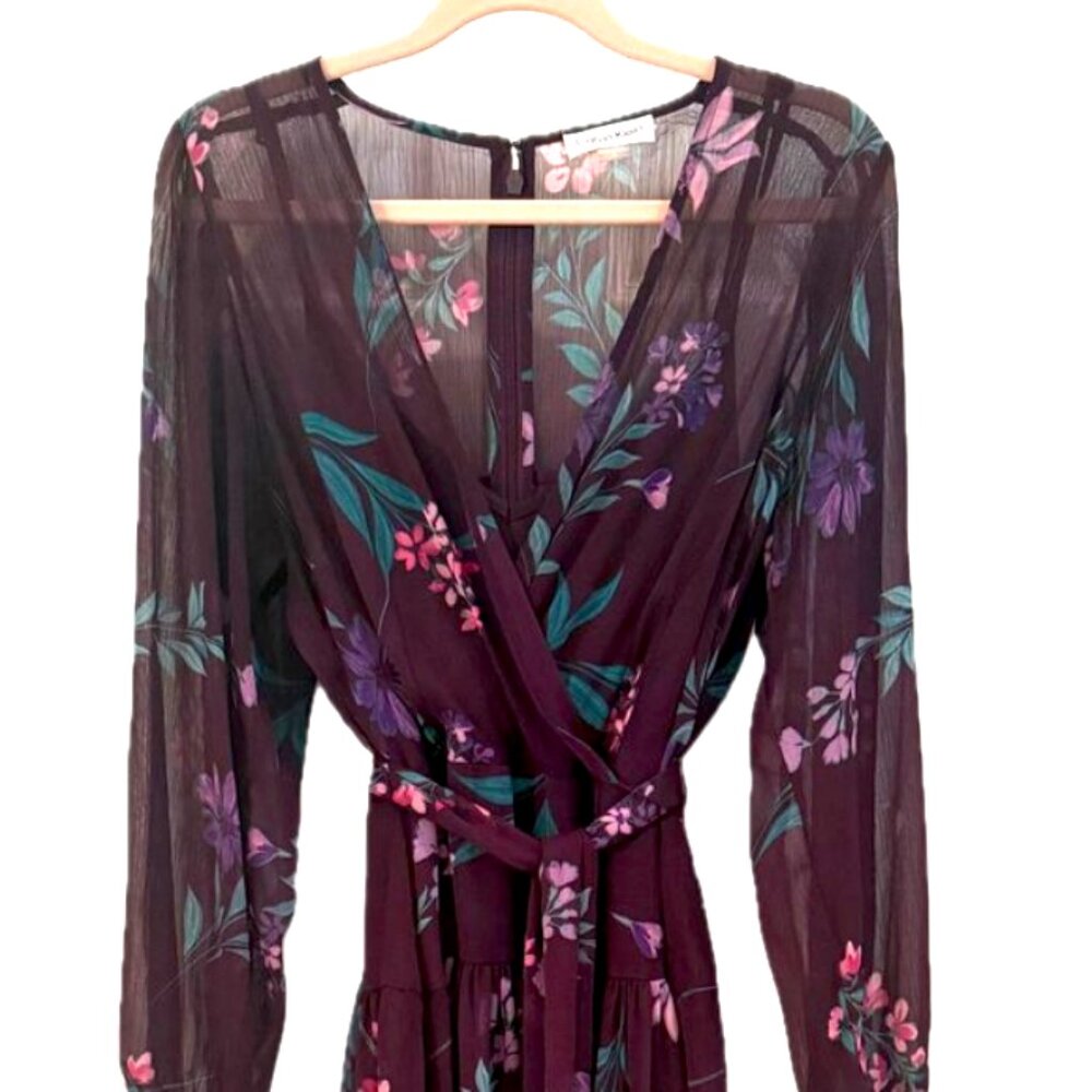 Calvin Klein Floral Plum Chiffon Wrap Dress | Size 12 | 3/4 Sleeve - Picture 2 of 7